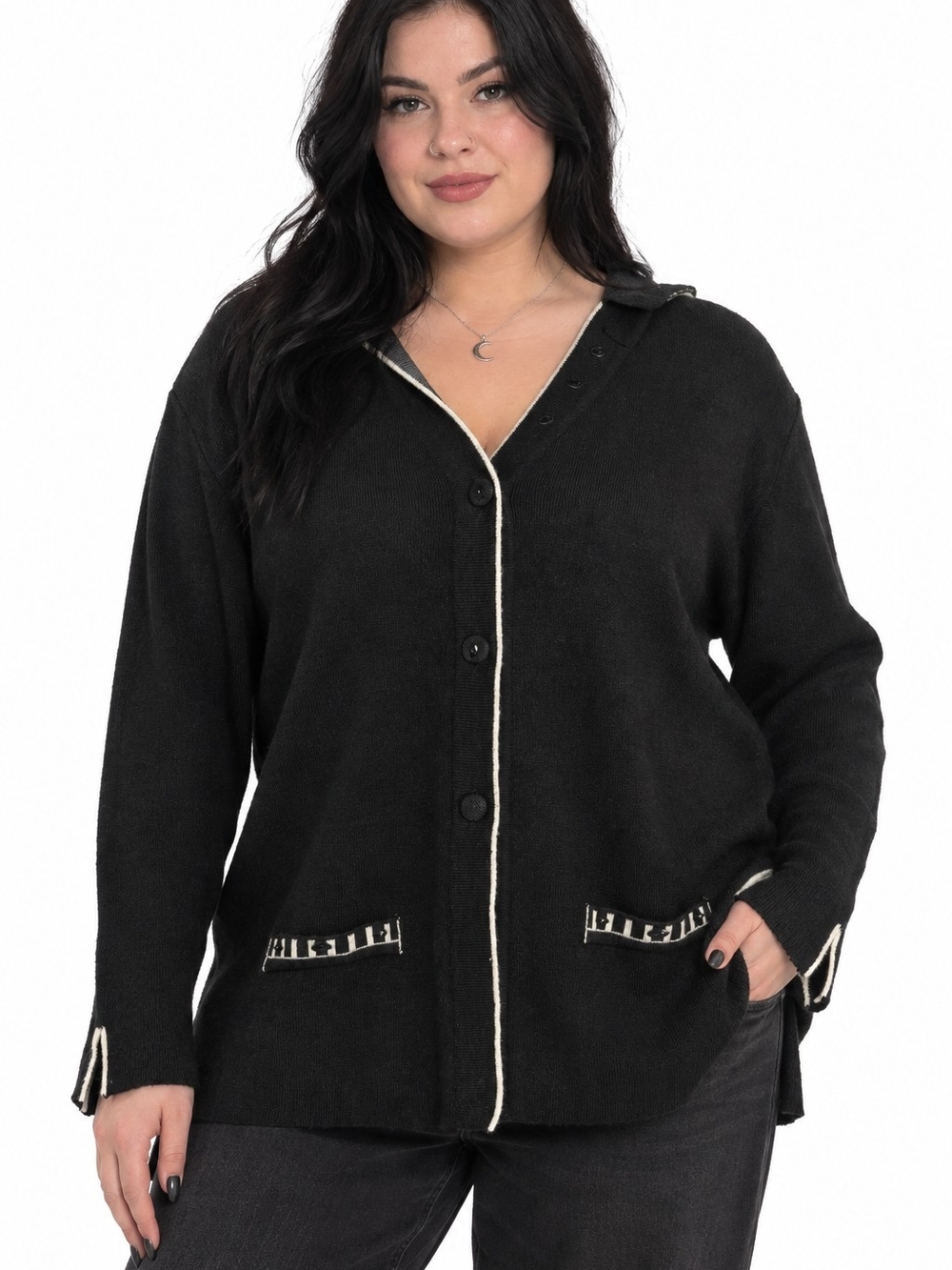 Made in Italy Fine Merino Wool Cardigan Black White Piping Pocket Accent TG XXL